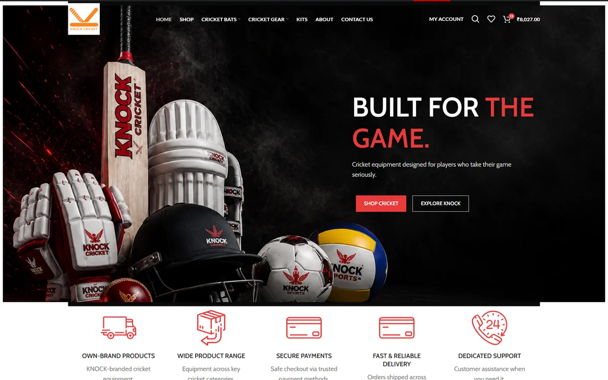 KnockCricket redesign homepage for a cricket equipment store
