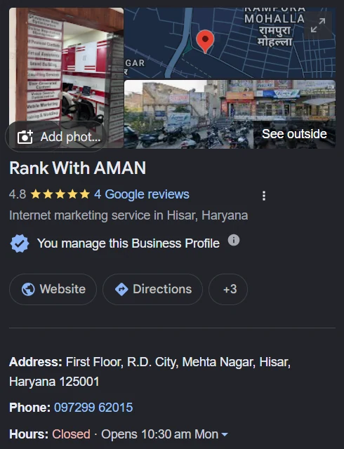 The RankWithAman Google Business Profile on Google Search, showing category, rating, address, phone and opening hours