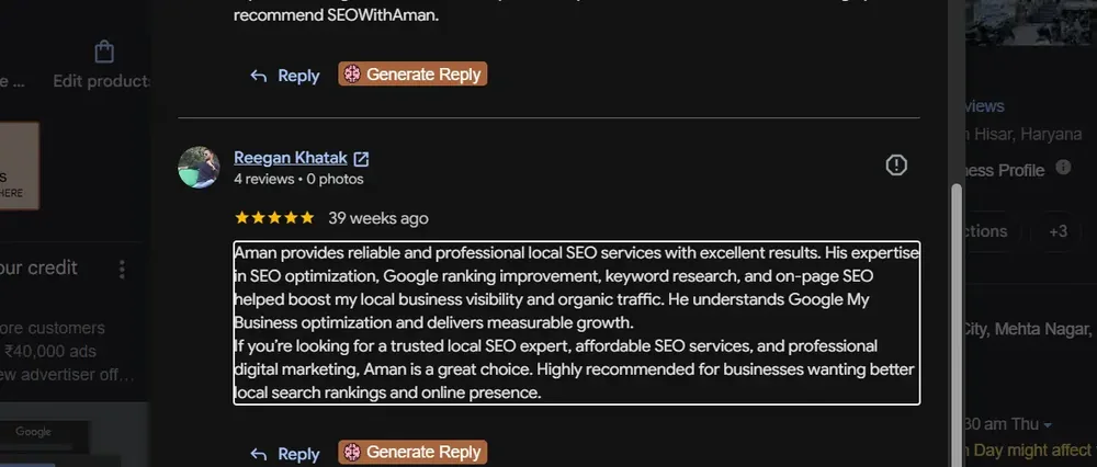 Screenshot of Reegan Khatak's Google review